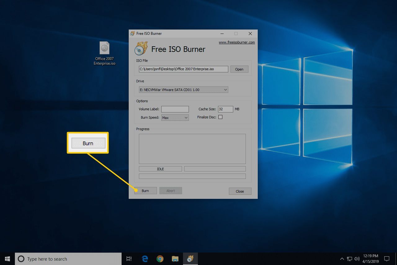 Кнопка записи в бесплатном приложении ISO Burner в Windows